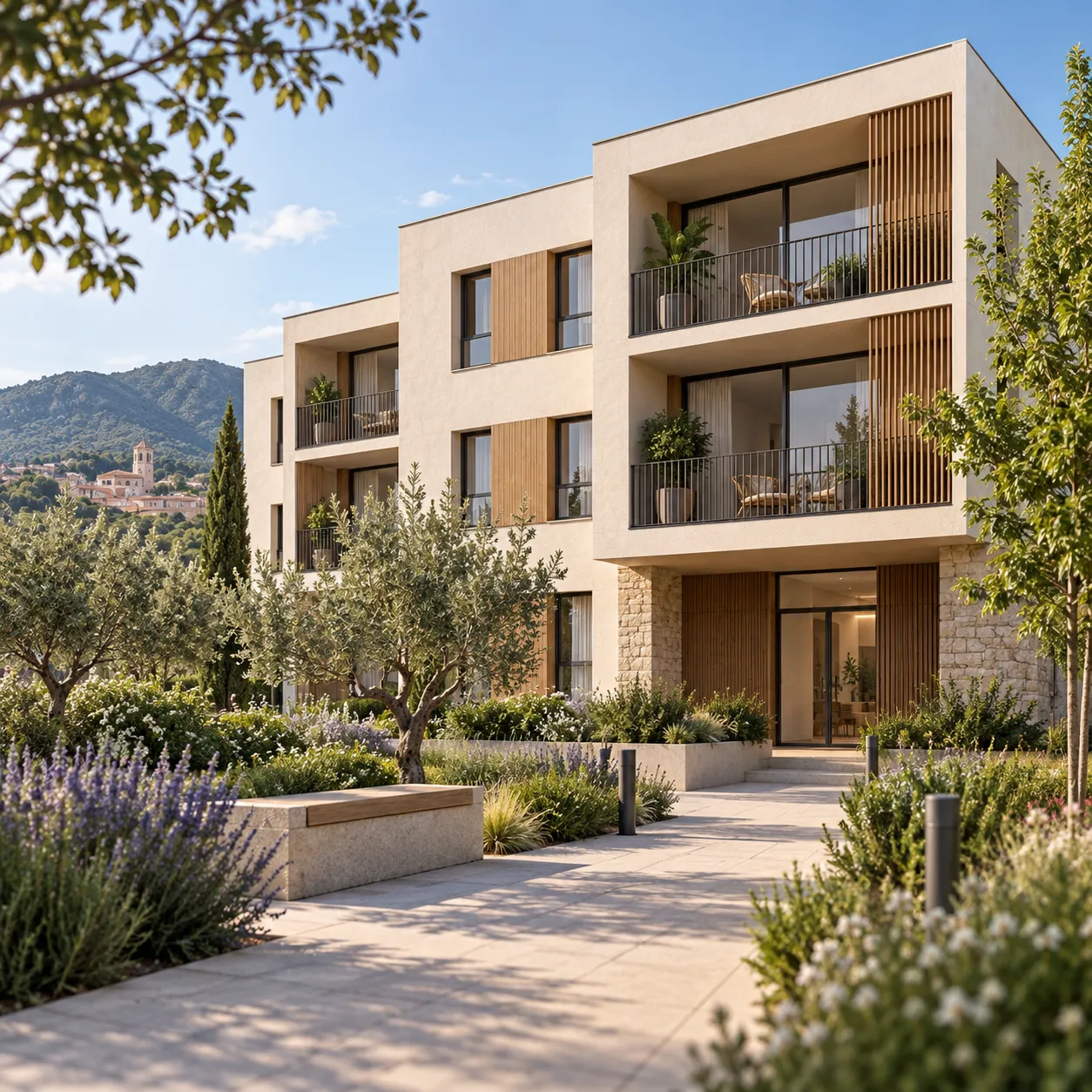 Visualización conceptual de conjunto residencial de 14 viviendas con integración paisajística