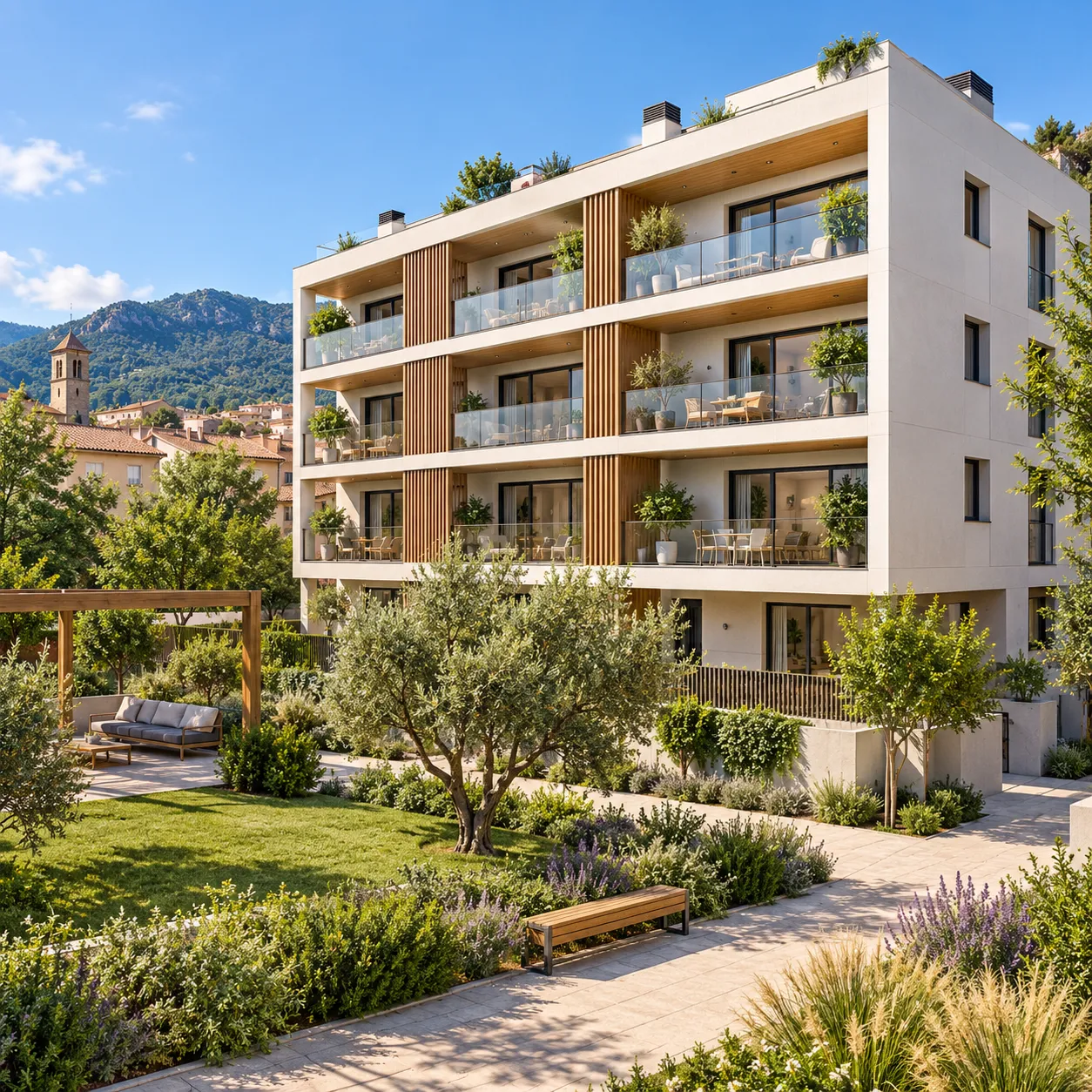 Visualización conceptual de promoción residencial de 16 viviendas con zonas ajardinadas