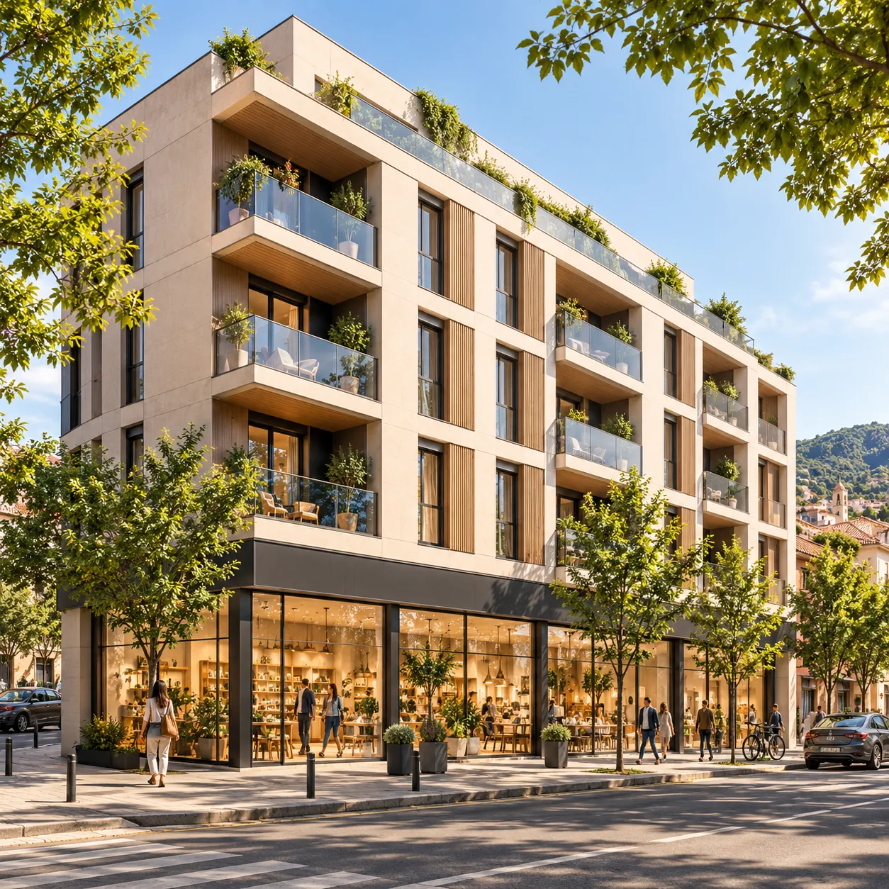 Visualización conceptual de edificio residencial de 16 viviendas con local comercial